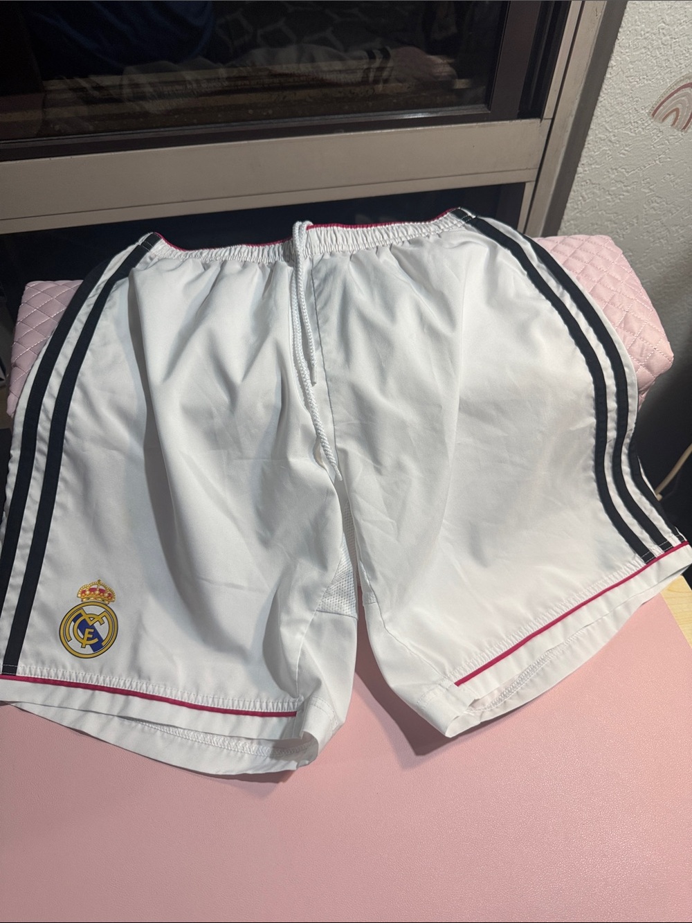 adidas White Real Madrid Training Shorts with Black Stripes and Pink Trim